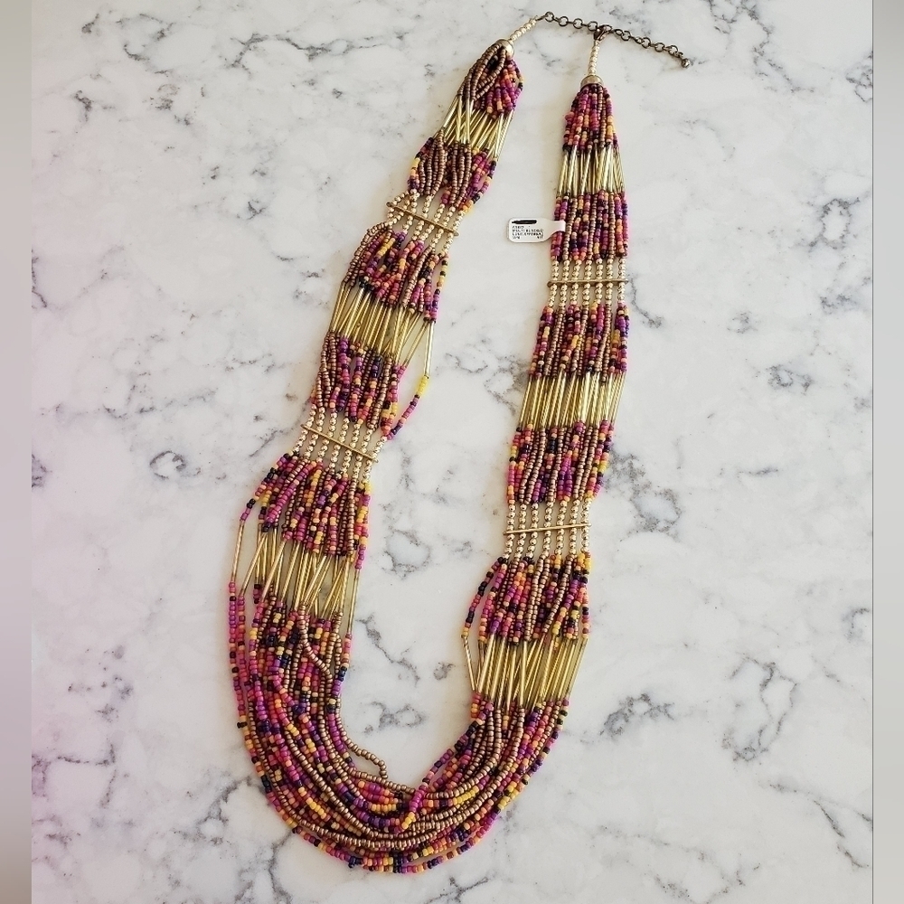 Multi block long seedbead necklack multicolor